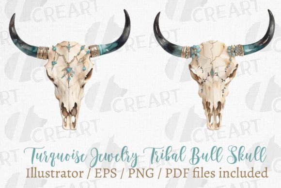 Turquoise Boho Tribal Bull Skull Art