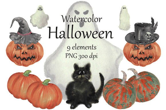 Watercolor Halloween Clipart for Designers